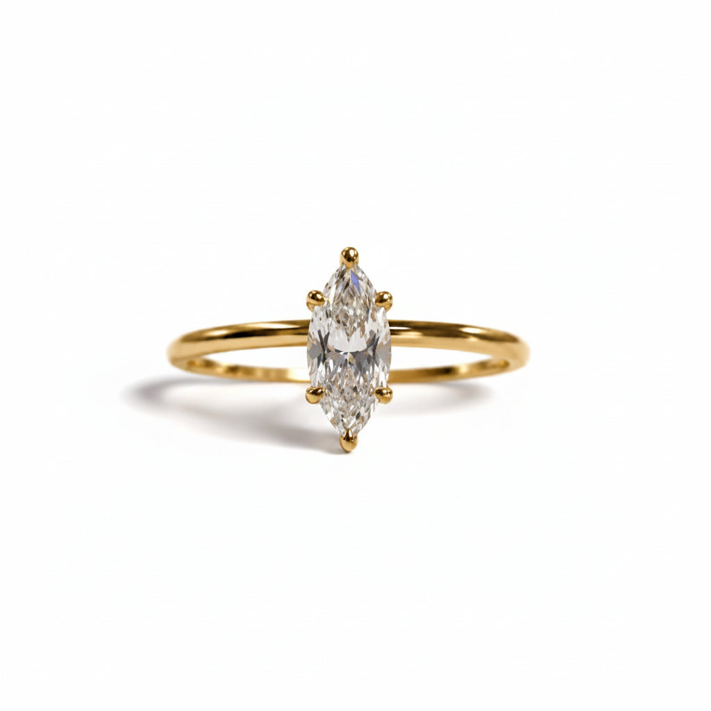 Anel Noivado Navete Moissanite Ouro